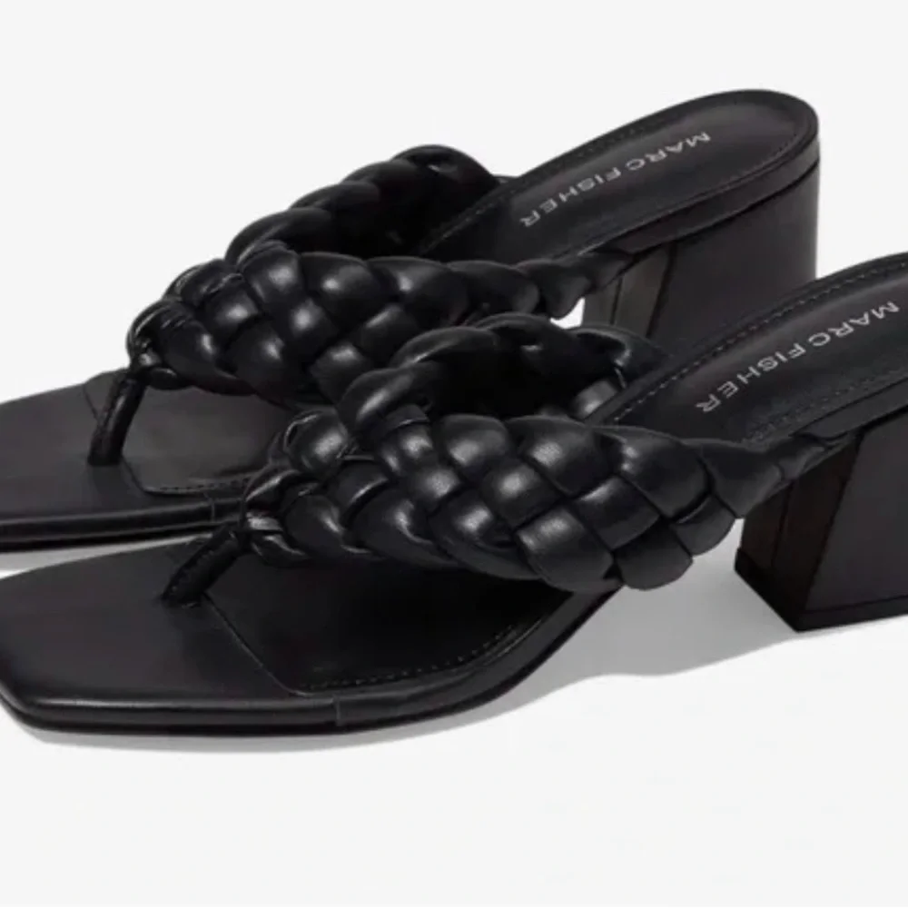 Marc Fisher Black Braided Leather Block Heel Thong Sandals
